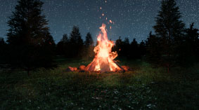 Campfire under a starry night sky in the woods.